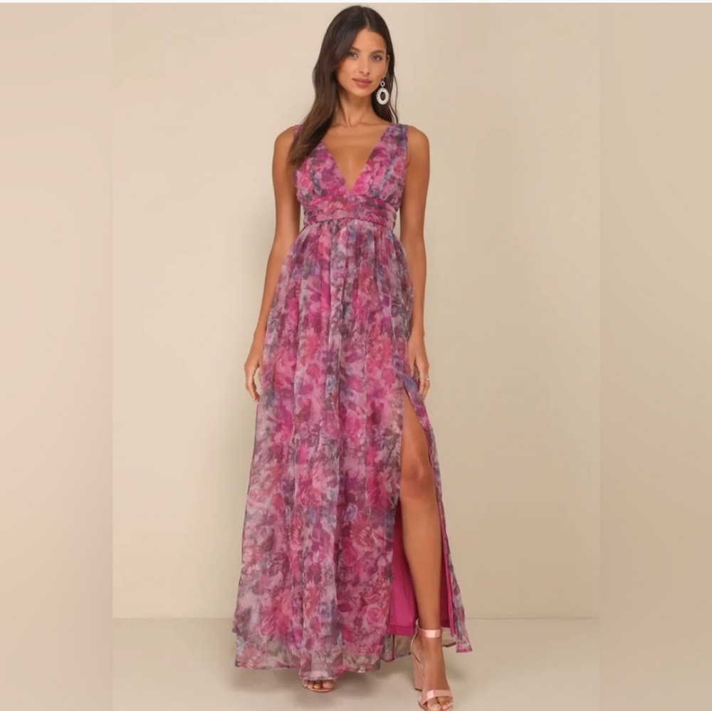Lulu’s Garden Romance Magenta Pink Purple Floral Organza V-Neck Maxi Dress